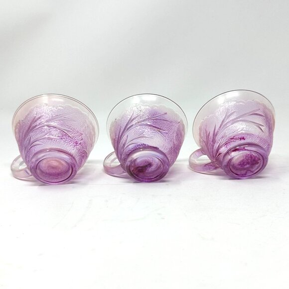 Vintage Indiana Glass Pebble Leaf Tea Cups Pink Floral Pressed 3pc Set - Picture 5 of 16